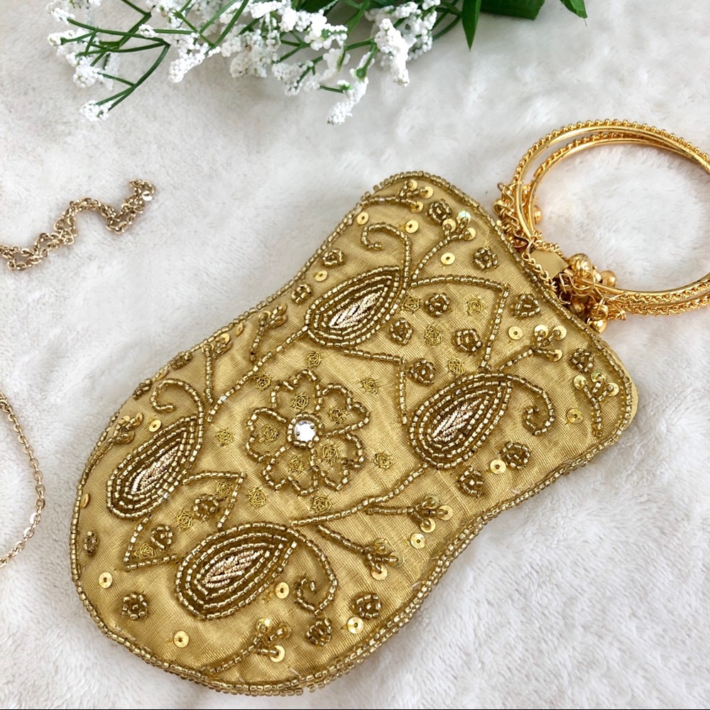 2/$20 | beaded gold satin vintage handbag